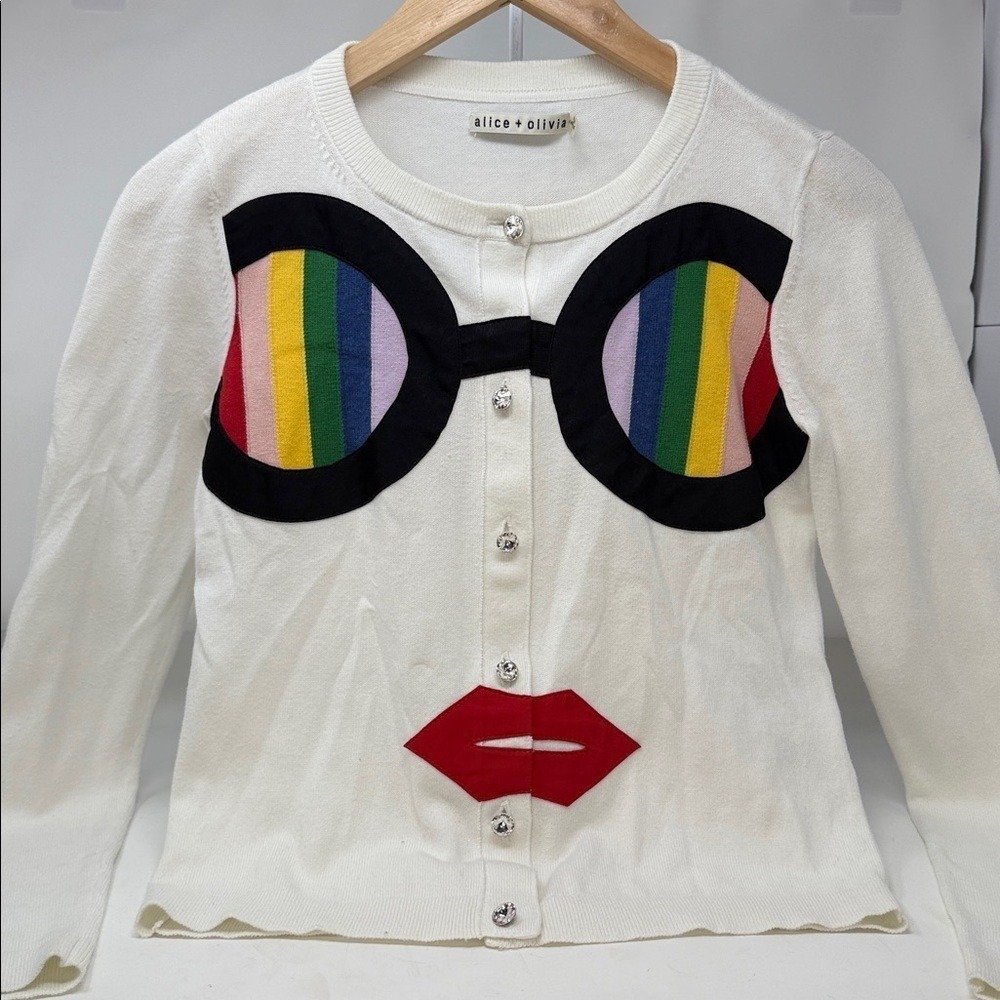 Alice + Olivia Ruthy Rainbow Pride Staceface Appliquéd Cotton-blend Cardigan.